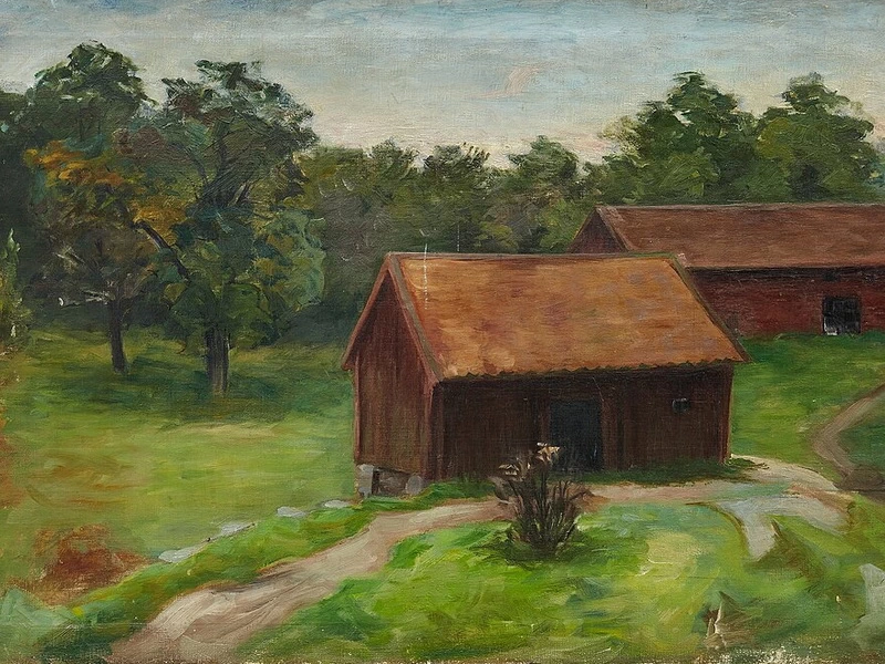 1816-Ester Ellqvist - Fattoria colorata di rosso nel verde estivo